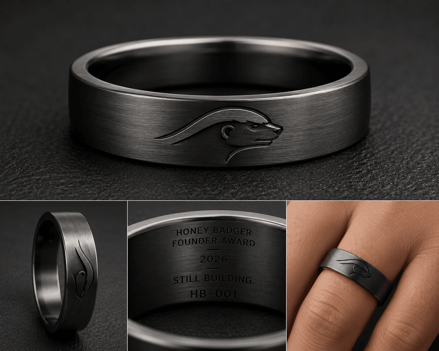 Honey Badger Founder Award ring engraved with Still Building